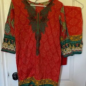 Vibrant Orange and Green Patterned Dress